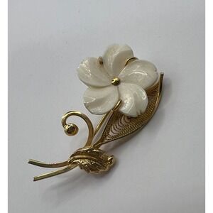 Vintage Sorrento Brooch 12K Gold Filled Carved Shell Flower Filigree Italy